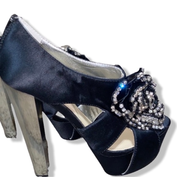 Woman's Black Satin Heels, Rhinestone's Chunky Heels,Halston Party Mirrored Heel - Picture 2 of 6